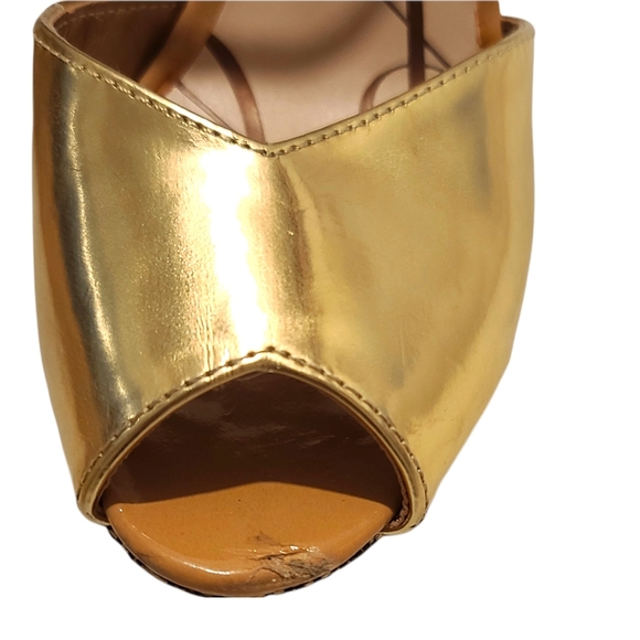Sam & Libby Gold & Caramel Ankle Strap Peep Toe Platform Heels Size 9 New - Picture 6 of 11